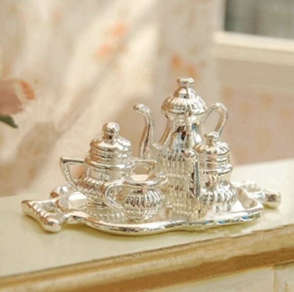 Planwalk Other - 1:12 Dollhouse Miniature Traditional Silver Tea Coffee Set Dining 5 Pieces EUC
